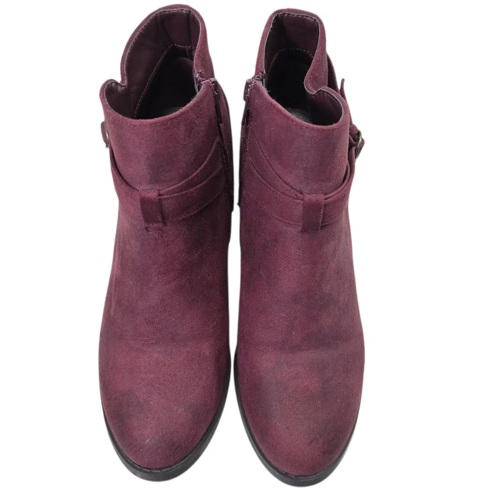 Just Fab Freda‎ Burgundy Faux Suede Ankle Boots Buckle Strap Stacked Heel 7.5
